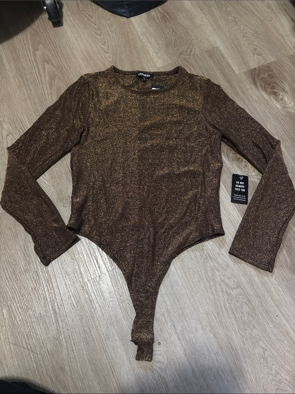 Express Shimmery Bronze-Glitter Long Sleeve Bodysuit | M